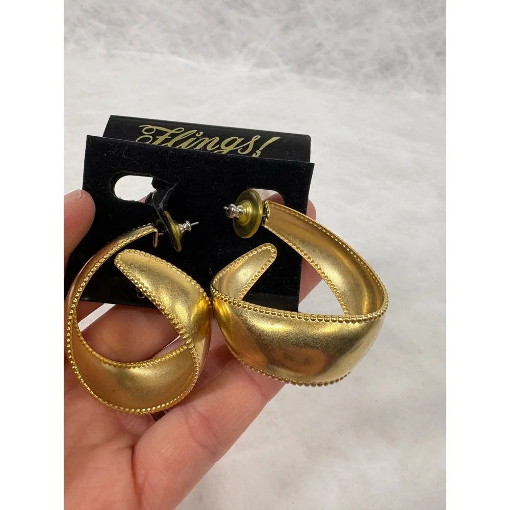 Flings Gold‎ Tone Twisted Hoop Earrings Beaded Edge Hypoallergenic Statement